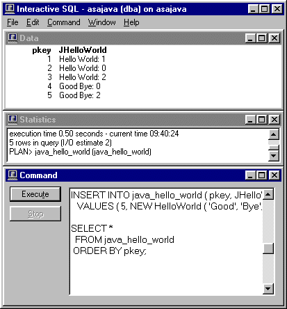 Figure 13: INSERT and SELECT Via DBISQL