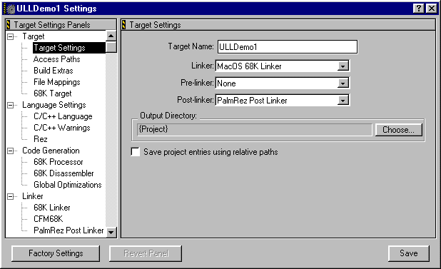 CodeWarrior Project Settings - Target Settings