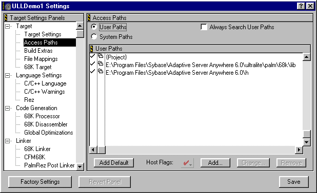 CodeWarrior Project Settings - Access Paths - User Paths