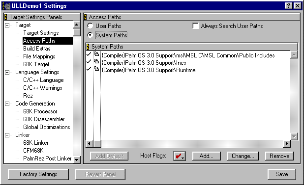 CodeWarrior Project Settings - Access Paths - System Paths