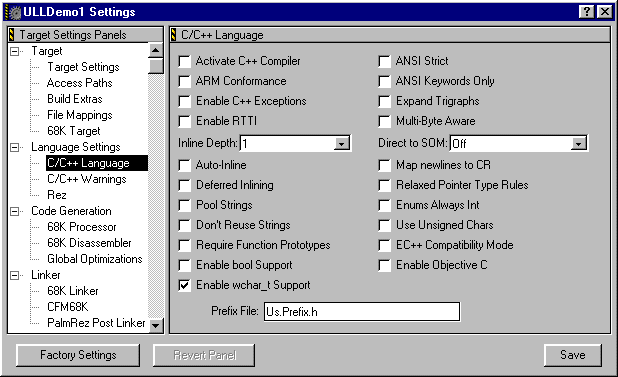 CodeWarrior Project Settings - C/C++ Language