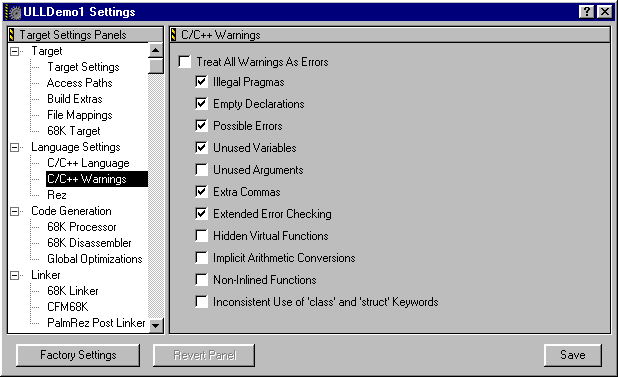 CodeWarrior Project Settings - C/C++ Warnings