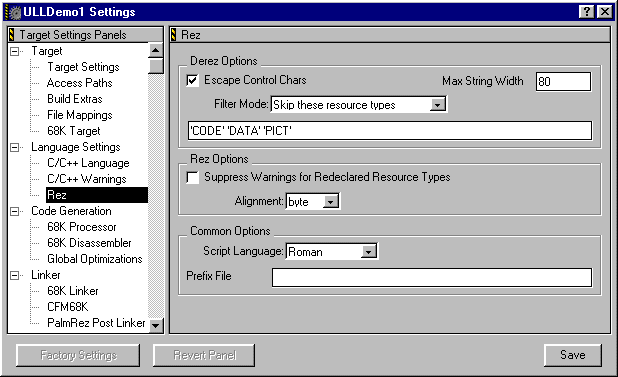 CodeWarrior Project Settings - Rez