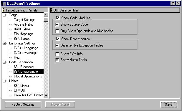 CodeWarrior Project Settings - 68K Disassembler