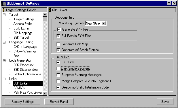 CodeWarrior Project Settings - 68K Linker