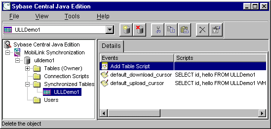 Sybase Central - Synchronized Tables - ULLDemo1